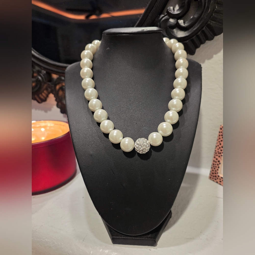 White House Black Market Pearl Necklace with Silver Crystal Accent
